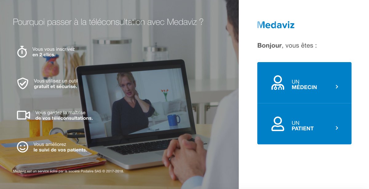 Medaviz_'s tweet photo. La continuité des #soins est indispensable pendant le #confinement. Notre solution de #téléconsultation / #téléexpertise est toujours gratuite (hors frais bancaires) pour les #praticiens en exercice isolé : https://t.co/YCoS0jXOCh 
@CSMF_officiel @FMFofficiel @MG_France @LE_SM https://t.co/GnABt5iRGn