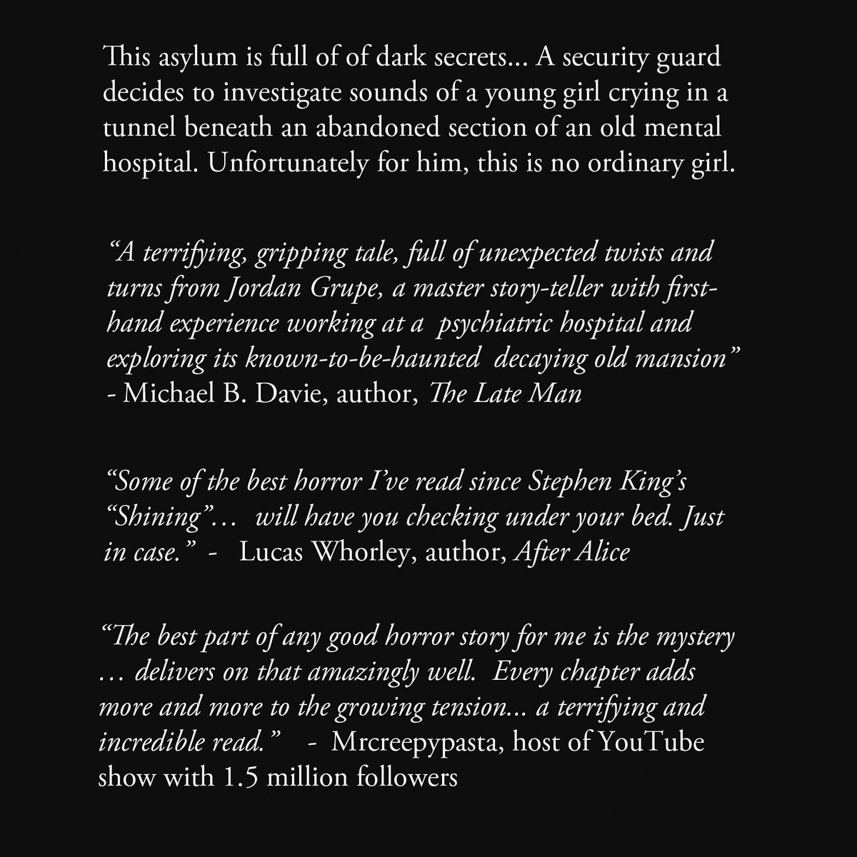 JordanGrupe's tweet photo. Some reviews for my newly released novel Beneath the Asylum!
https://t.co/gx5NZplP78
#horror #hauntedhamilton #BookReview #hamont #hamilton #Halloween #hauntedhouse #hauntedmansion #novel #scary #writerslift #writerscommunity #writerslife #Writer https://t.co/WqtFJ0qjcp
