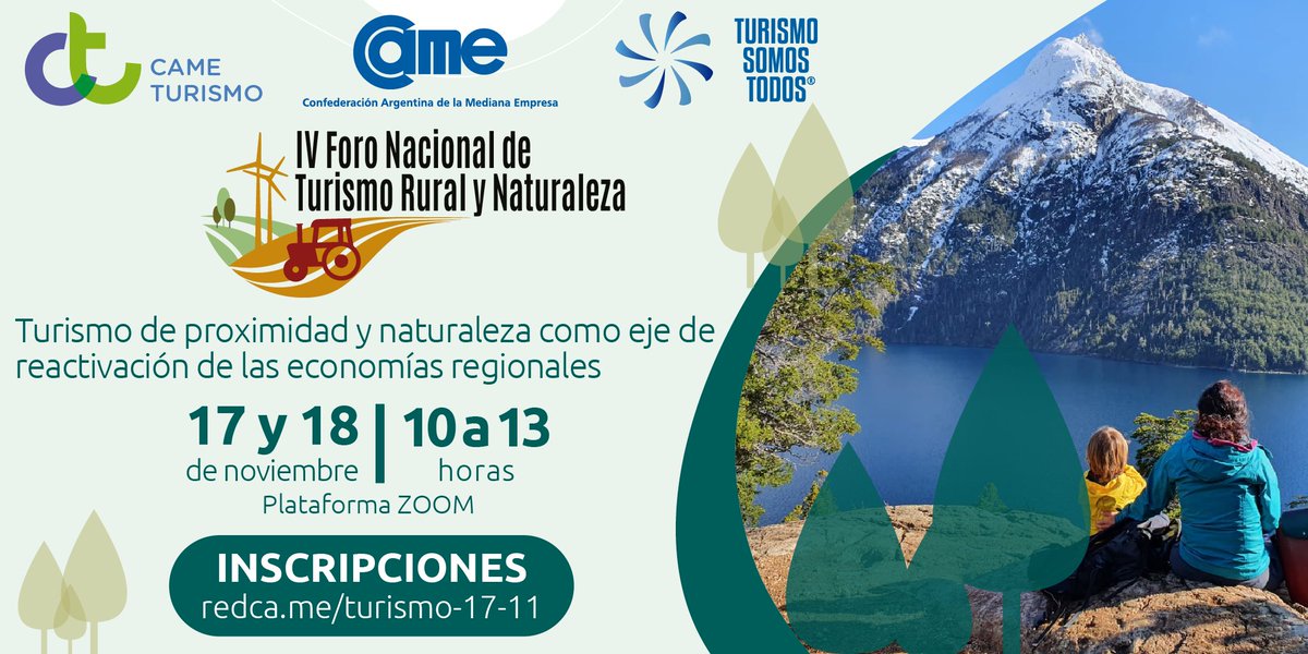 Se acerca una nueva edición de nuestro tradicional Foro Nacional de Turismo Rural y Naturaleza. El mismo tendrá lugar los días 17 y 18/11, de 10 a 13hs., a través de la plataforma ZOOM.
Inscribite en: redca.me/turismo-17-11