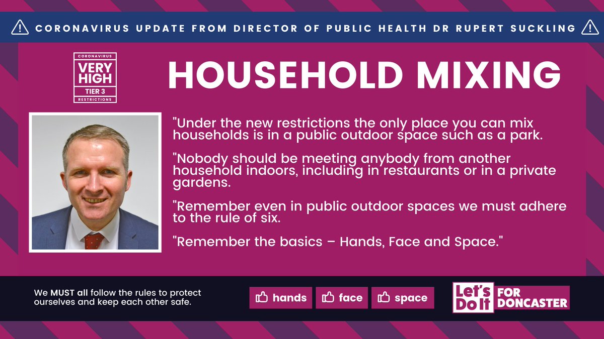 We’re almost a week into Tier 3 restrictions in Doncaster, and you’ve raised a lot of questions and concerns about what the new guidance means for you.Our Director of Public Health Dr Rupert Suckling has addressed some of these.Household mixing...[THREAD]