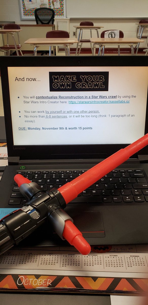 MrsAppelmann's tweet photo. I knew this light saber would come in handy one day...Today, APUSH students learned about the skill of contextualization. They will apply this skill by creating their own Star Wars crawl with a paragraph about the Reconstruction era! 💫✏ #maytheforcebewithus #UFRSDProud https://t.co/ez9Z1GQeb7