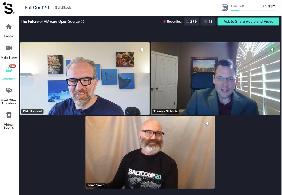 virtMark's tweet photo. Amazing panel at SaltConf 2020: Dirk Hohndel, VP & Chief Open Source Officer VMware and Thomas S. Hatch CTO & Co Founder of SaltStack and Ryan Smith, VP Demand Gen at SaltStack talking about the Open Source Projects in VMware. @SaltStack #saltconf #VMware #opensource #saltstack https://t.co/V4uVR7eUne