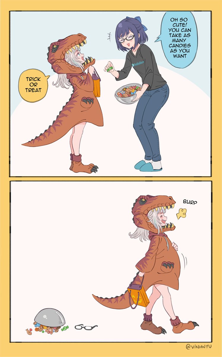 TRICK OR TREAT ? #gawrt #絵ーちゃん 
I heard Gura wanted to be a T-Rex for Halloween...? 
