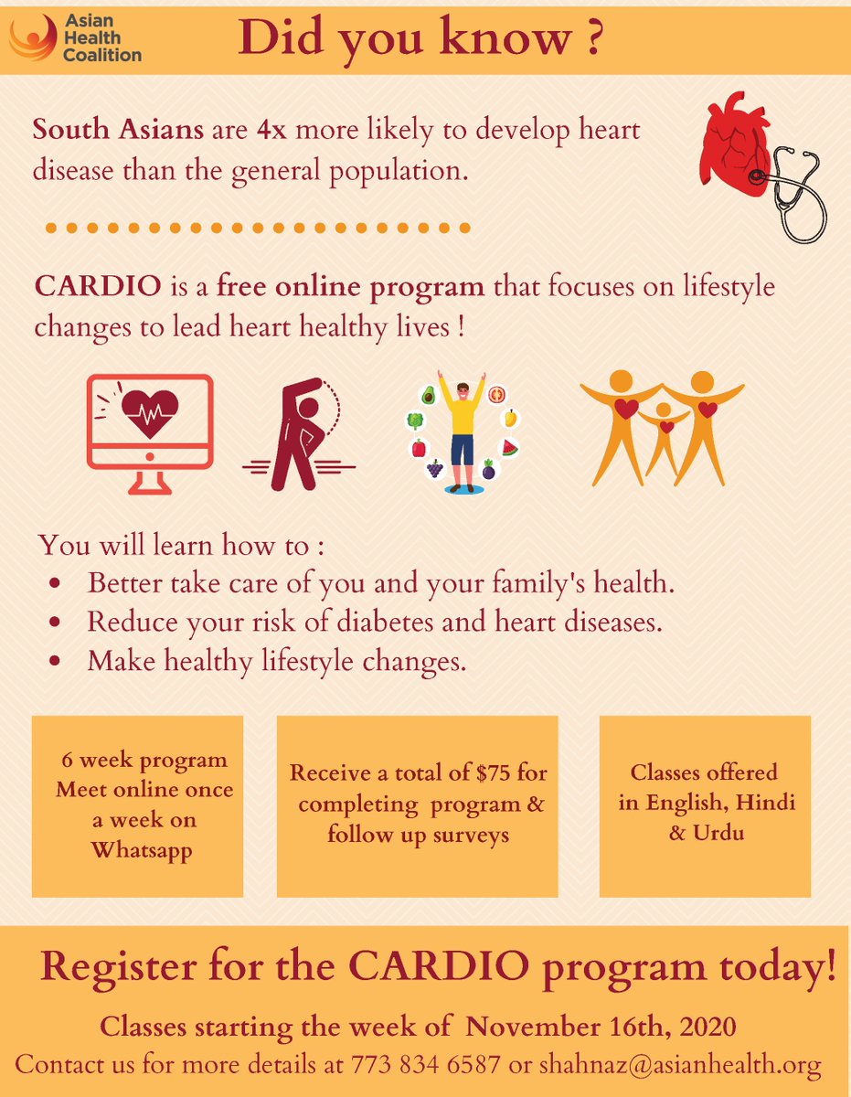 CAHE_AHC's tweet photo. We are adapting to social changes by offering our CARDIO program virtually in Hindi, Urdu &amp; English. To register for the next virtual CARDIO class in November, please contact #AsianHealthCoalition at (773) 834-6587.
#HeartHealth #IAMACF #MWRC #AstraZenecaHealthCareFoundation #CCH https://t.co/InGRLS0pQJ