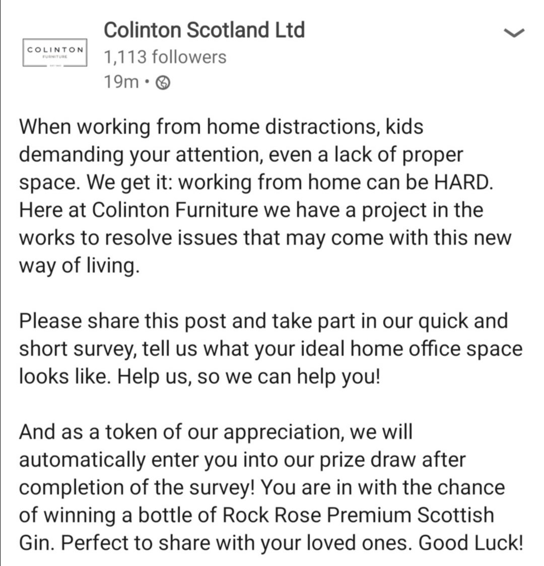 ColintonFurn's tweet photo. #workingfromhome then please you lovely folks from your #homeoffice #remotework or #SocialDistancingOffice gives us 2-3 mins to complete this short survey. 

https://t.co/bY06qfrCof

And you could win an amazing bottle of @RockRoseGin #survey #surveys #RT https://t.co/uDqjIGdN5B