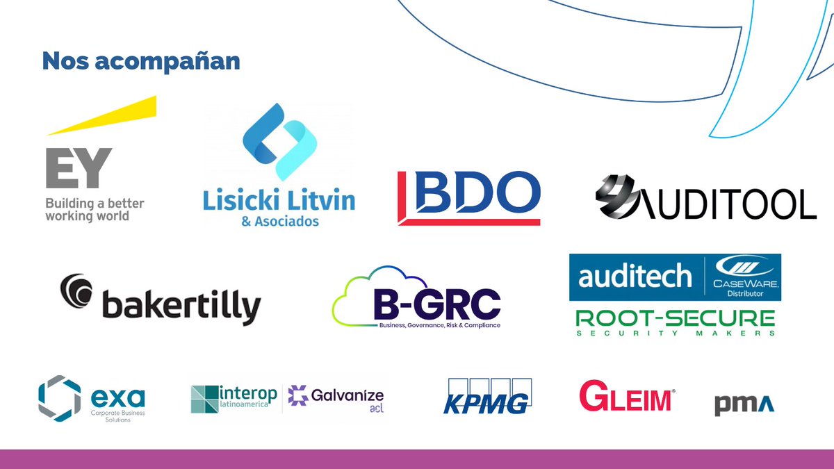 InstitutoIAIA's tweet photo. 📢 Agradecemos el apoyo de los sponsors que hacen posible el Encuentro Nacional de Auditoría Interna 👏👏
@EY_Argentina @lisickilitvin @bdoargentina @Auditool_org @BakerTillyAR @AuditechAr @exacbs @InteropLATAM @KPMGArgentina @gleim @pmalatam1 @wegalvanize #progresarcompartiendo https://t.co/rjztwriaAf