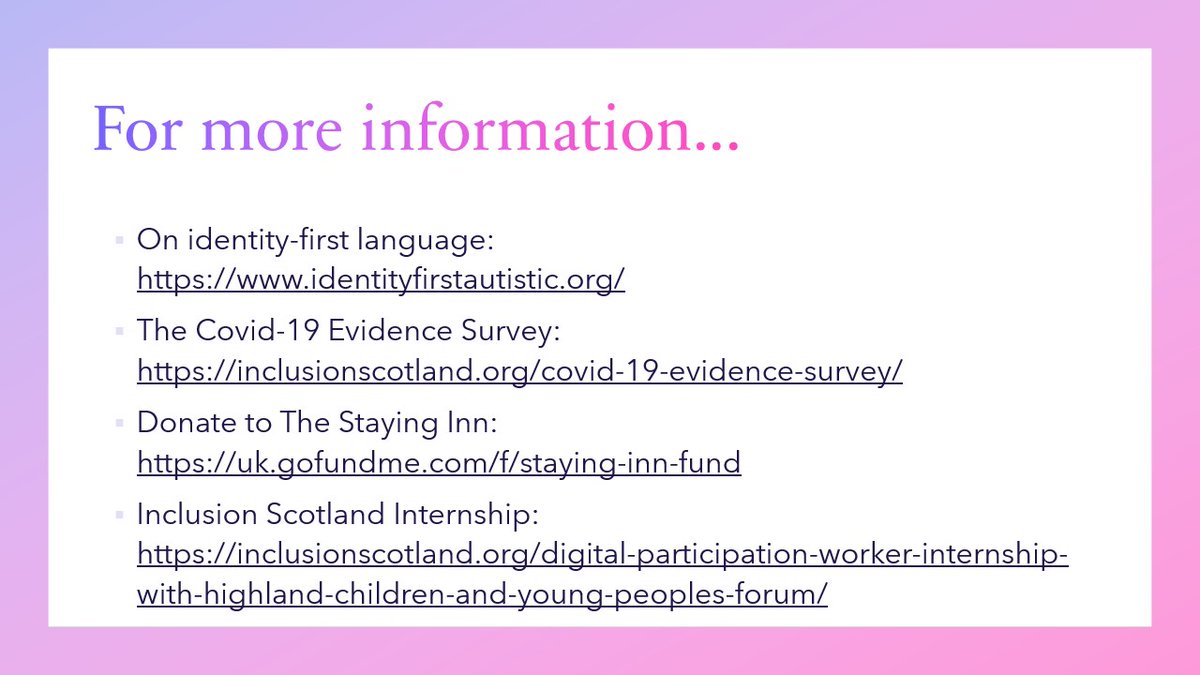 END: Further links & infoThe stats I used in this thread are from the  @InclusionScot survey on Covid-19:  https://inclusionscotland.org/covid-19-evidence-survey/Check them out, and  @TheStayingInn, and more below!I hope this thread both educated and inspired a little  #DisabilityTwitter  #DisabilityRights