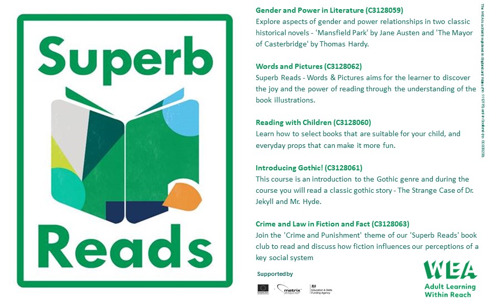 Our Superb Reads Book Club kicks off next week - a range  of courses exploring the different genres and techniques of the literary world. 

To find out more about each course enter the Course Reference number (beginning with a 'C') into our Course Search: enrolonline.wea.org.uk/online/courses…