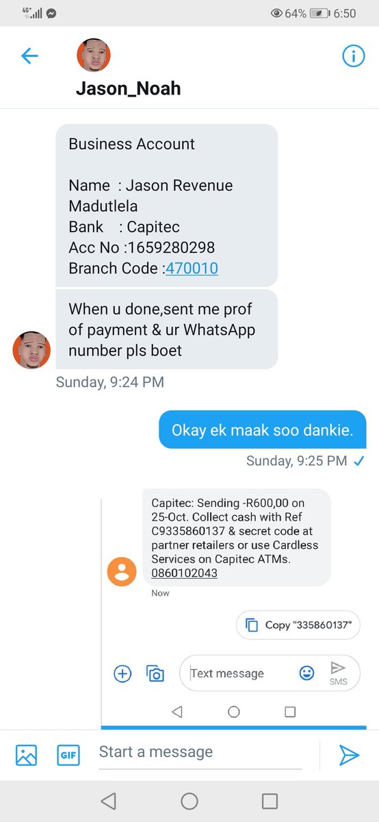 James__RSA's tweet photo. Short story of how I got scammed out of R600 this week. NB: The real Jason Noah don't have a Twitter only Instagram. The account @JasonNoah_ is a fake and scams people #ForexKings https://t.co/IOiqeluZBZ