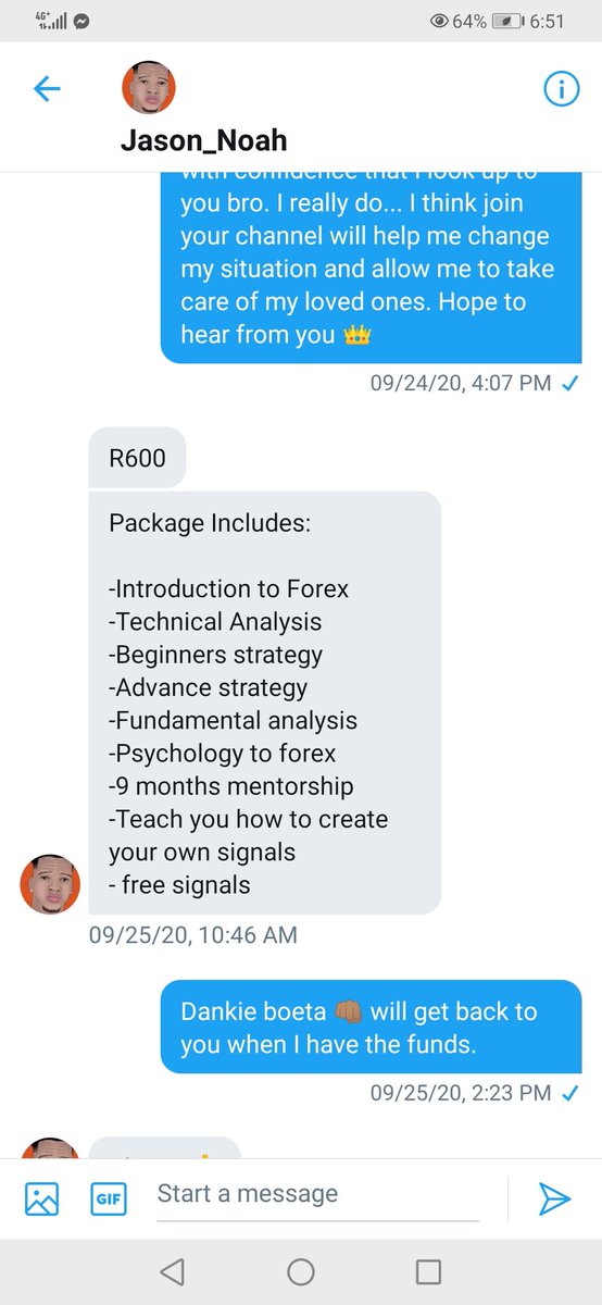 James__RSA's tweet photo. Short story of how I got scammed out of R600 this week. NB: The real Jason Noah don't have a Twitter only Instagram. The account @JasonNoah_ is a fake and scams people #ForexKings https://t.co/IOiqeluZBZ