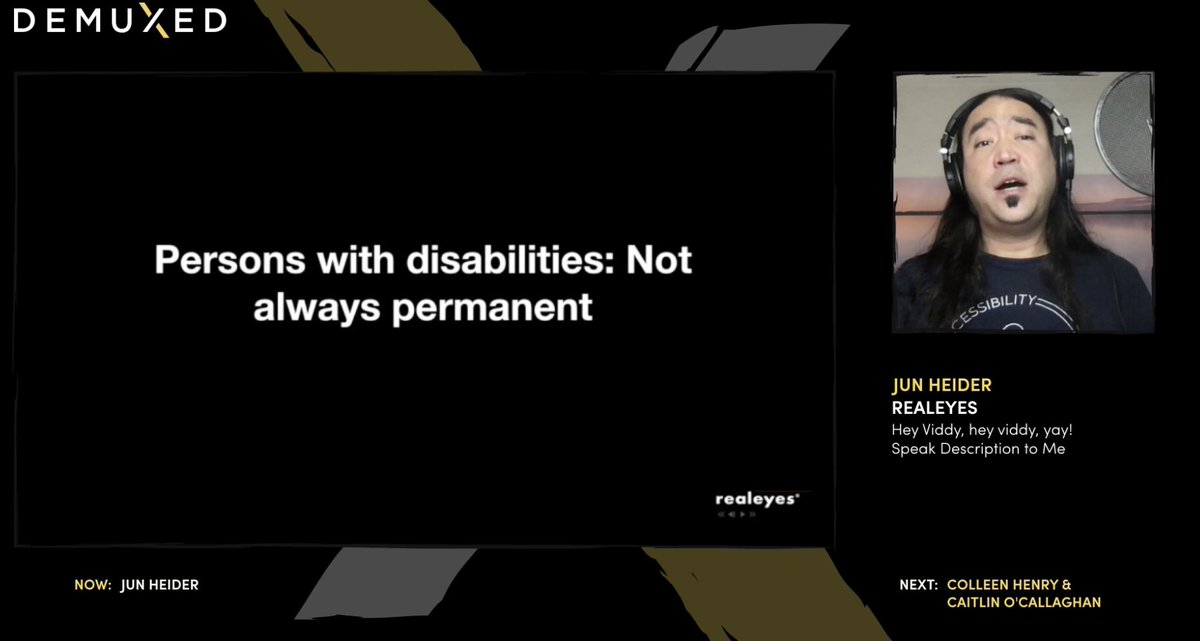 demuxed's tweet image. “1 in 4 adults in the US live with a disability… and (that&apos;s) why I’d like to talk about inclusiveness, and how our industry can help” 

- @coderjun, @RealEyesMedia, on including folks with visual disabilities to video experiences