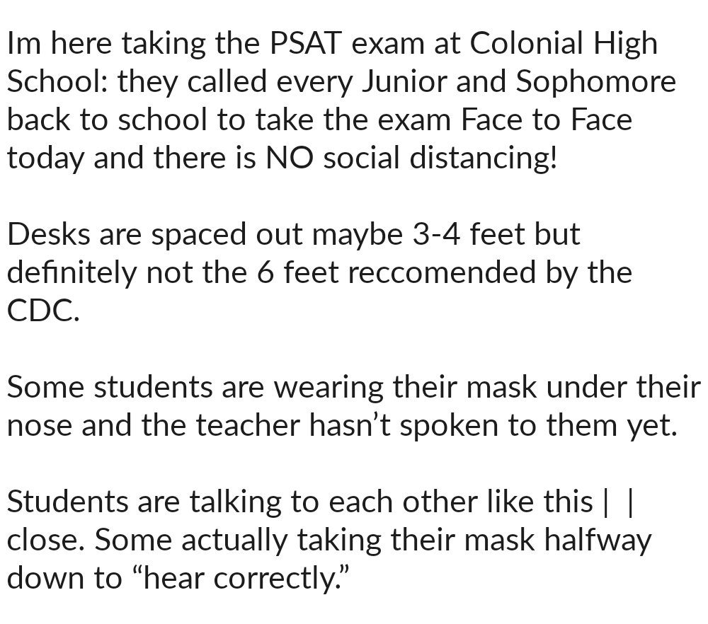 A report from a student taking today's PSAT. OCPS failed to social distance students indoors. 
#OCPSLeaks