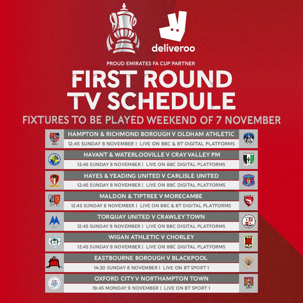 Emirates FA Cup on X There s 1 6 live fixtures for you to enjoy across the first round proper Here s your EmiratesFACup TV schedule Brought to you by Deliveroo. https t udqijN3NCY X
