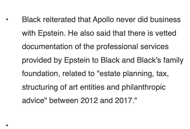 4. But all three of them said they would never make use of a scheme/shelter if it wasn't fully vetted by their attorneys and accountants. In his statement today, Leon Black specifically used the term "vetted documentation"