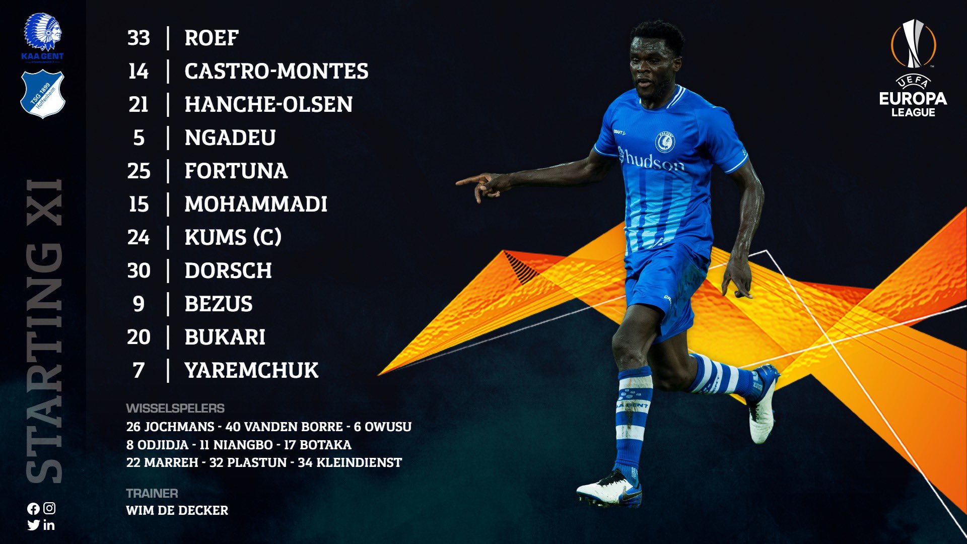 Kaa Gent Our Starting Xi For The Game Against Tsghoffenheimen Tonight Uel Gnthof Kaagent Kaa Gent Our Starting Xi For The Game Against Tsghoffenheimen Tonight Uel Gnthof Kaagent