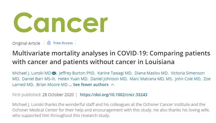 JournalCancer's tweet photo. New #FreeAccess paper features the largest and only multivariate study evaluating the difference in mortality from #COVID19 between patients w/ #cancer and patients w/o cancer in the US. https://t.co/vBYn7L1J8I @OchHOFellows https://t.co/gL64KuAks4