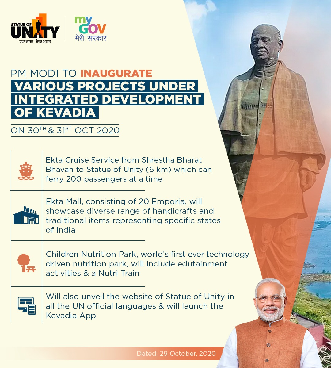 PM @narendramodi to inaugurate various projects under the Integrated Development of Kevadia on 30th and 31st October 2020. Register here to watch the event live: https://t.co/vff9e4jDUq #TransformingIndia https://t.co/AEqxWBZ8Yd