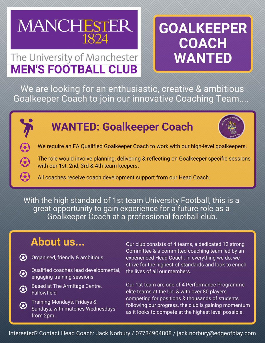 The club are looking for a goalkeeping coach. If you are interested in the role get in contact with us!