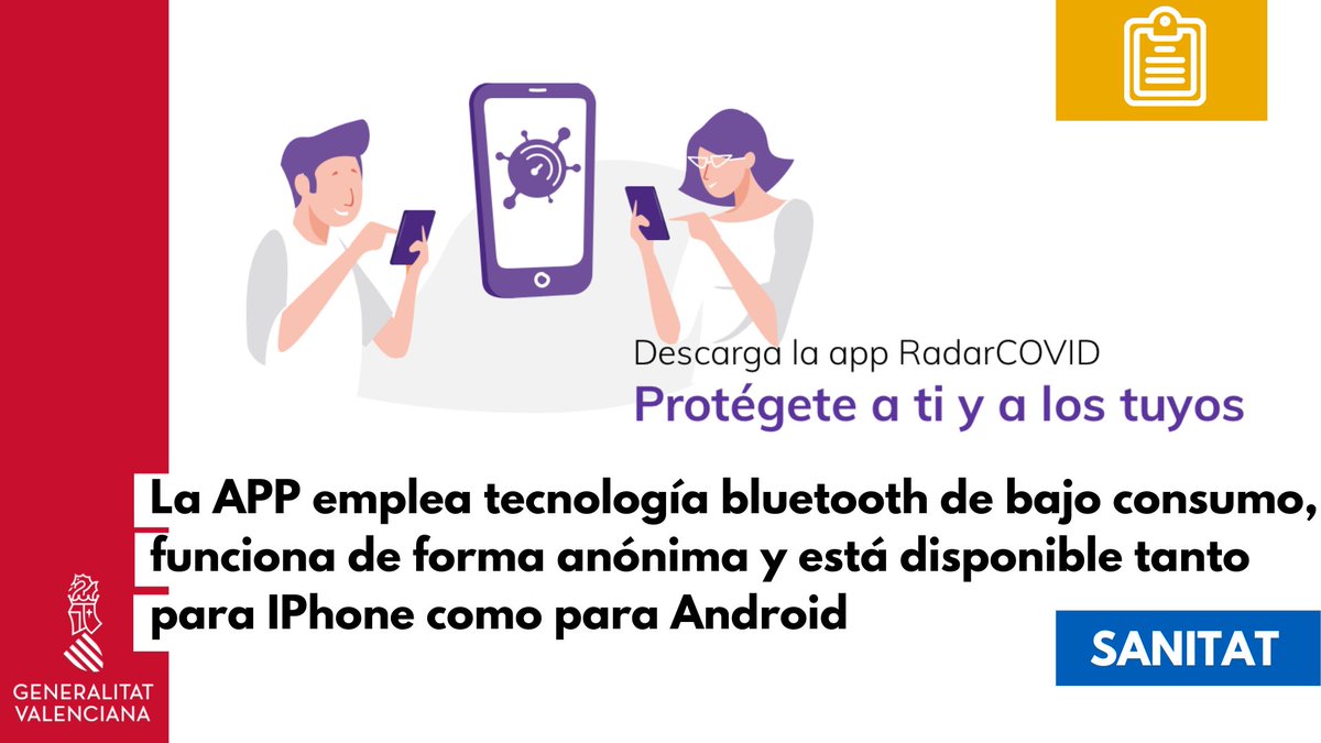 GVAsanitat's tweet photo. 📋 La aplicación Radar COVID ya está plenamente operativa en la Comunitat Valenciana

🔗https://t.co/cjzvwqwObH https://t.co/bcBXFxWEQx