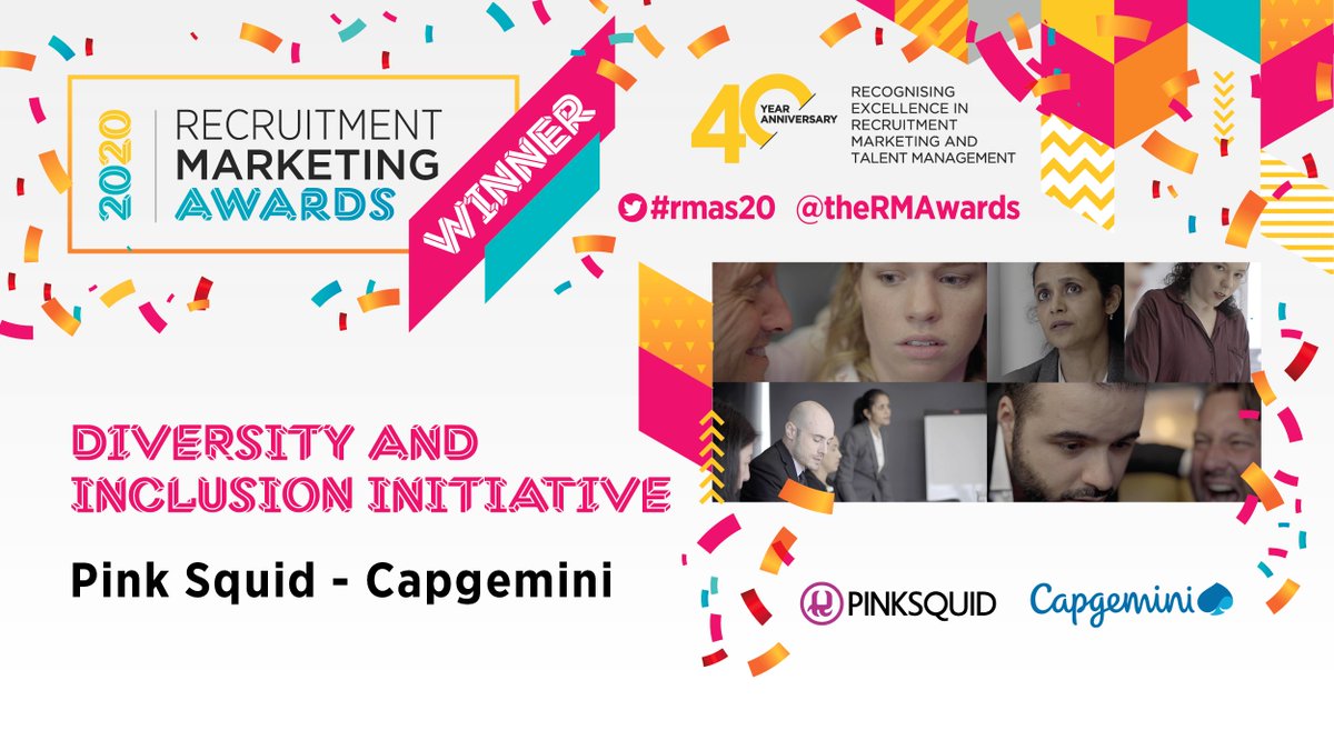 theRMAwards's tweet photo. The Diversity and Inclusion Initiative category is up next and we would like to say huge congrats to the #rmaswinner Pink Squid – Capgemini @Pink_squid @Capgemini #rmas20 https://t.co/g2IJAlbMyB