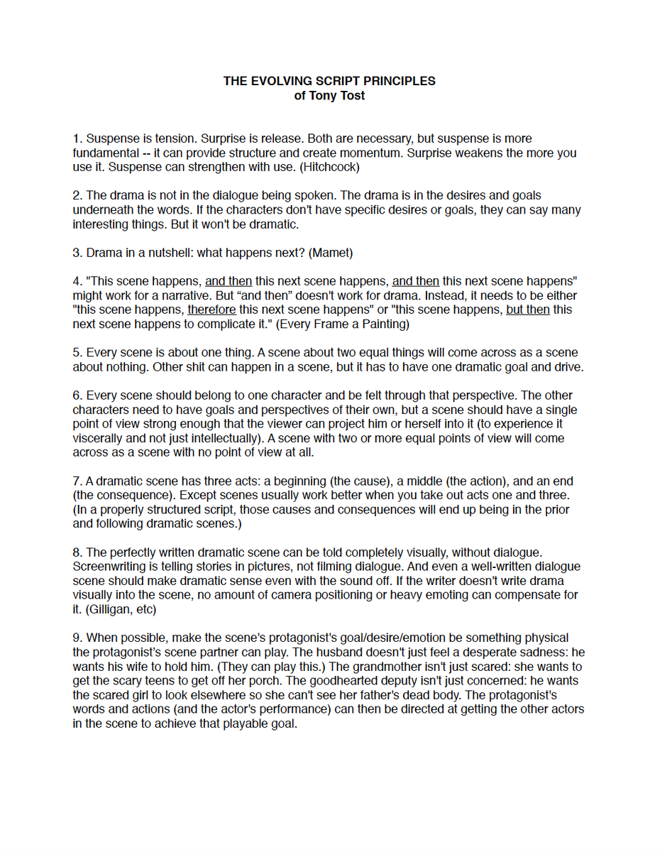 When I broke in as a screenwriter about a decade ago, I started a running document of script principles that's evolved over the years. Basically, reminders to myself. A lot of writers would disagree w/ some of them, but for better or worse, it's the foundation of my sensibility.