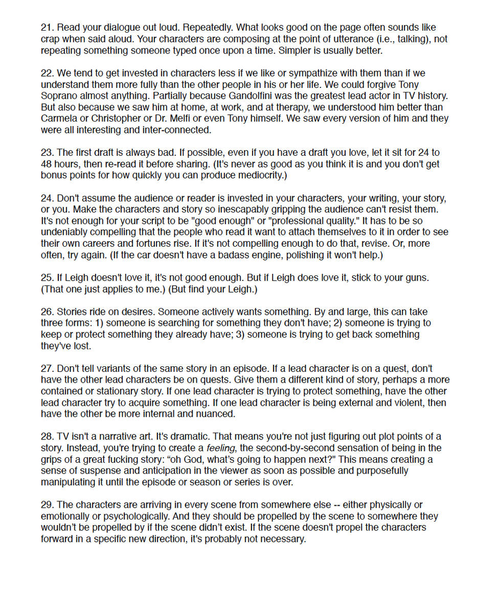 When I broke in as a screenwriter about a decade ago, I started a running document of script principles that's evolved over the years. Basically, reminders to myself. A lot of writers would disagree w/ some of them, but for better or worse, it's the foundation of my sensibility.