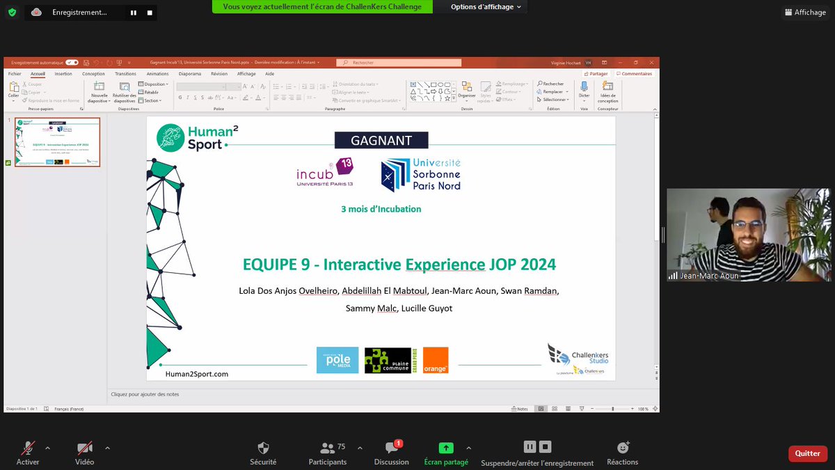 Bravo à l'équipe Interactive Experience JOP 2024 pour son beau projet 👏

Sa récompense ? 3 mois d'incubation chez Incub' 13 &amp; <a href="/FondationUSPN/">Fondation Université Sorbonne Paris Nord</a> 🎁

Longue vie à son projet ! 

<a href="/Human2Sport/">Human2Sport</a> <a href="/PoleMedia/">Pôle Media Grand Paris</a>  <a href="/orange/">Orange</a> <a href="/PlaineCommune/">Plaine Commune</a> 
#LeOFFdesJOP2024 #hackathon #challenkers