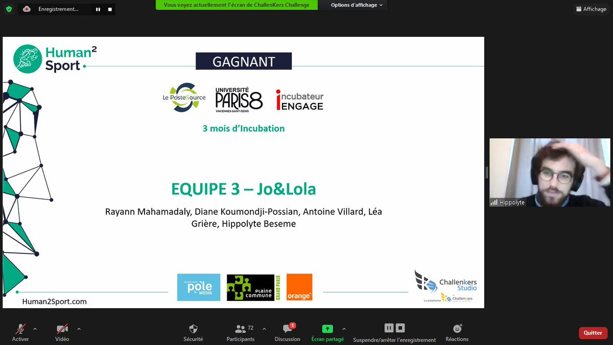 Notre dernier gagnant du hackathon <a href="/Human2Sport/">Human2Sport</a> est l'équipe Jo&amp;Lola 👏

Elle remporte 3 mois d'incubation avec La Poste Source, <a href="/UnivParis8/">Université Paris 8</a> et Incubateur Engage 🤩

Longue vie à votre projet 🚀

<a href="/PoleMedia/">Pôle Media Grand Paris</a> <a href="/orange/">Orange</a> <a href="/PlaineCommune/">Plaine Commune</a>
#LeOFFdesJOP2024 #hackathon #challenkers