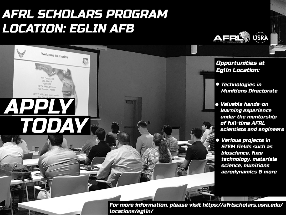 AFRLScholars's tweet photo. ‼️‼️ @AFResearchLab @TeamEglin now accepting applications for Summer 2021! Learn more & submit an #application TODAY! https://t.co/K40sn4P06I
To keep up with more opportunities, follow & stay connected. #AFRLScholars2021
@USRAedu @DoolittleInst #STEM #internship #BeAScholar https://t.co/wuoBLXOUYa