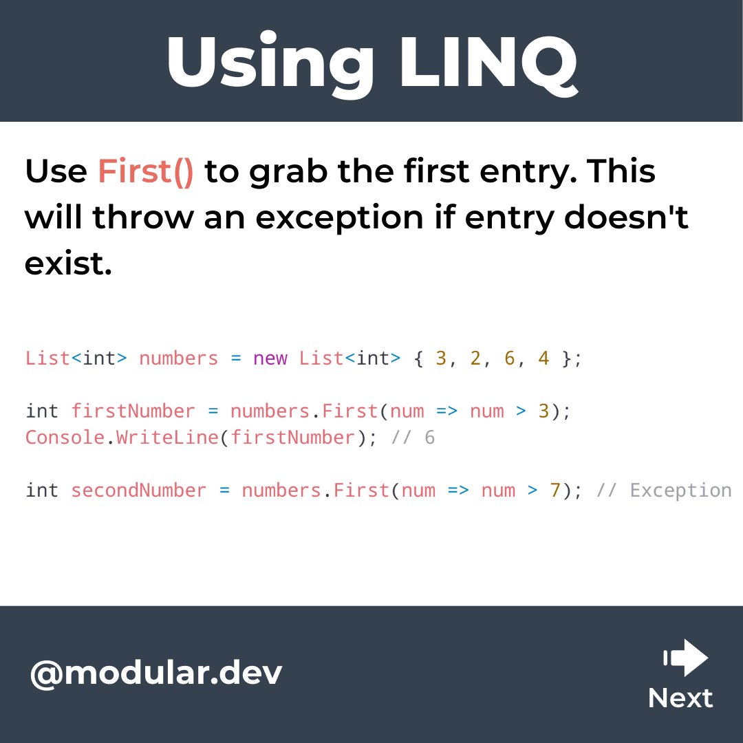 dev_modular's tweet photo. Quick C# Tip: How to use LINQ's First and FirstOrDefault functions to grab the first items in a list that match a condition.

#csharp #csharpdotnet #dotnet #dotnetcore #aspnet #aspnetcore #coding #programming #csharpprogramming #visualstudio #linq https://t.co/U6uvk05bs5