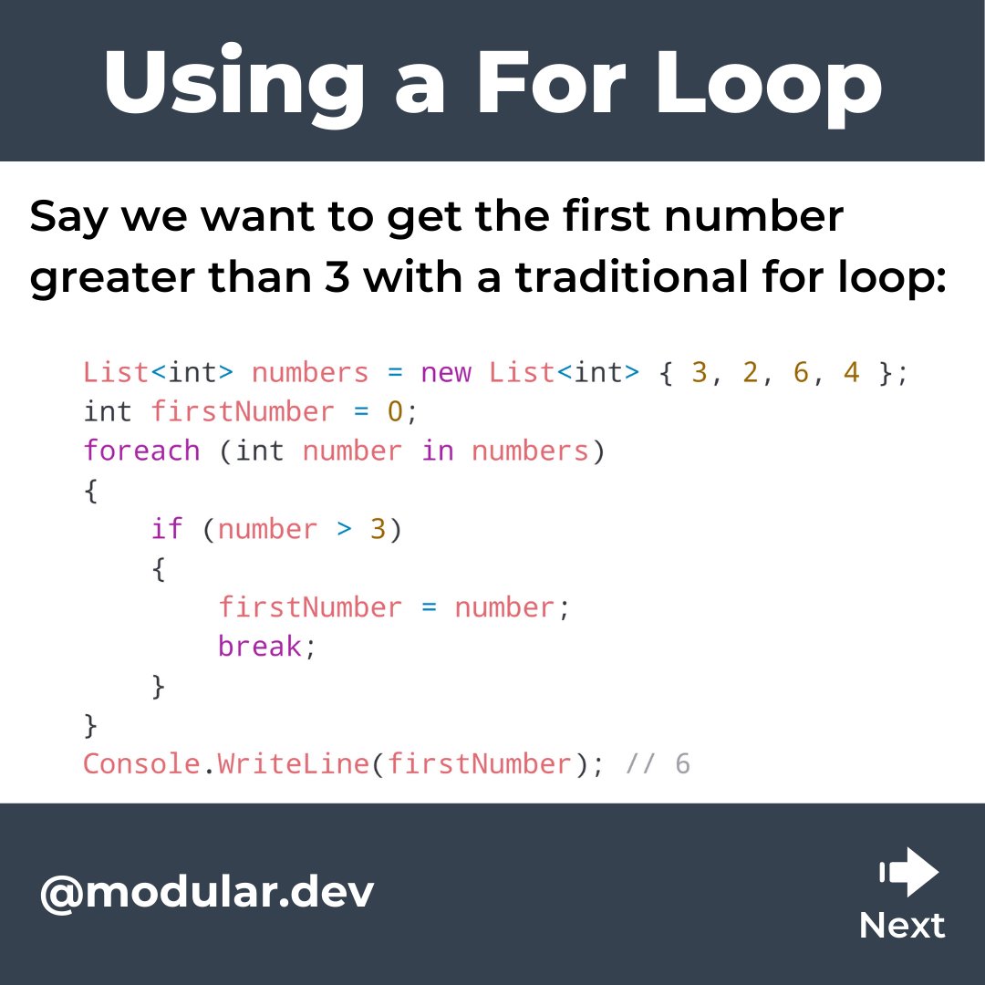 dev_modular's tweet photo. Quick C# Tip: How to use LINQ's First and FirstOrDefault functions to grab the first items in a list that match a condition.

#csharp #csharpdotnet #dotnet #dotnetcore #aspnet #aspnetcore #coding #programming #csharpprogramming #visualstudio #linq https://t.co/U6uvk05bs5
