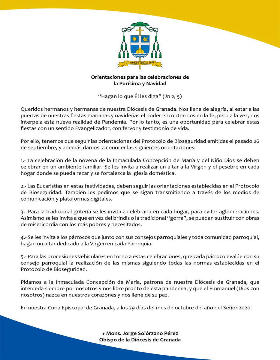 DiocGranada's tweet photo. +++ Orientaciones de S.E.R. Mons. Jorge Solórzano Pérez, para las celebraciones de la Purísima y Navidad. https://t.co/M4ZxHMKhQb