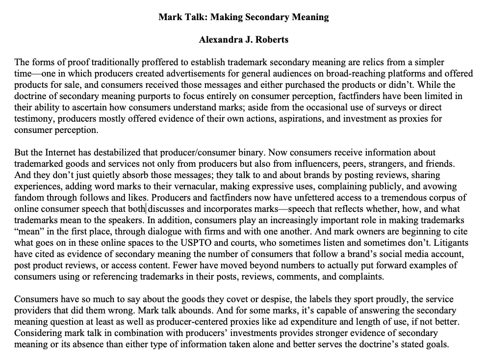 lexlanham's tweet photo. submitting my abstract for #wipip tonight:
mark owners should put forward & factfinders should consider consumers' online #marktalk in evaluating whether or not a mark has acquired secondary meaning.
thoughts, examples, pushback super welcome! https://t.co/WN8SbbInxh