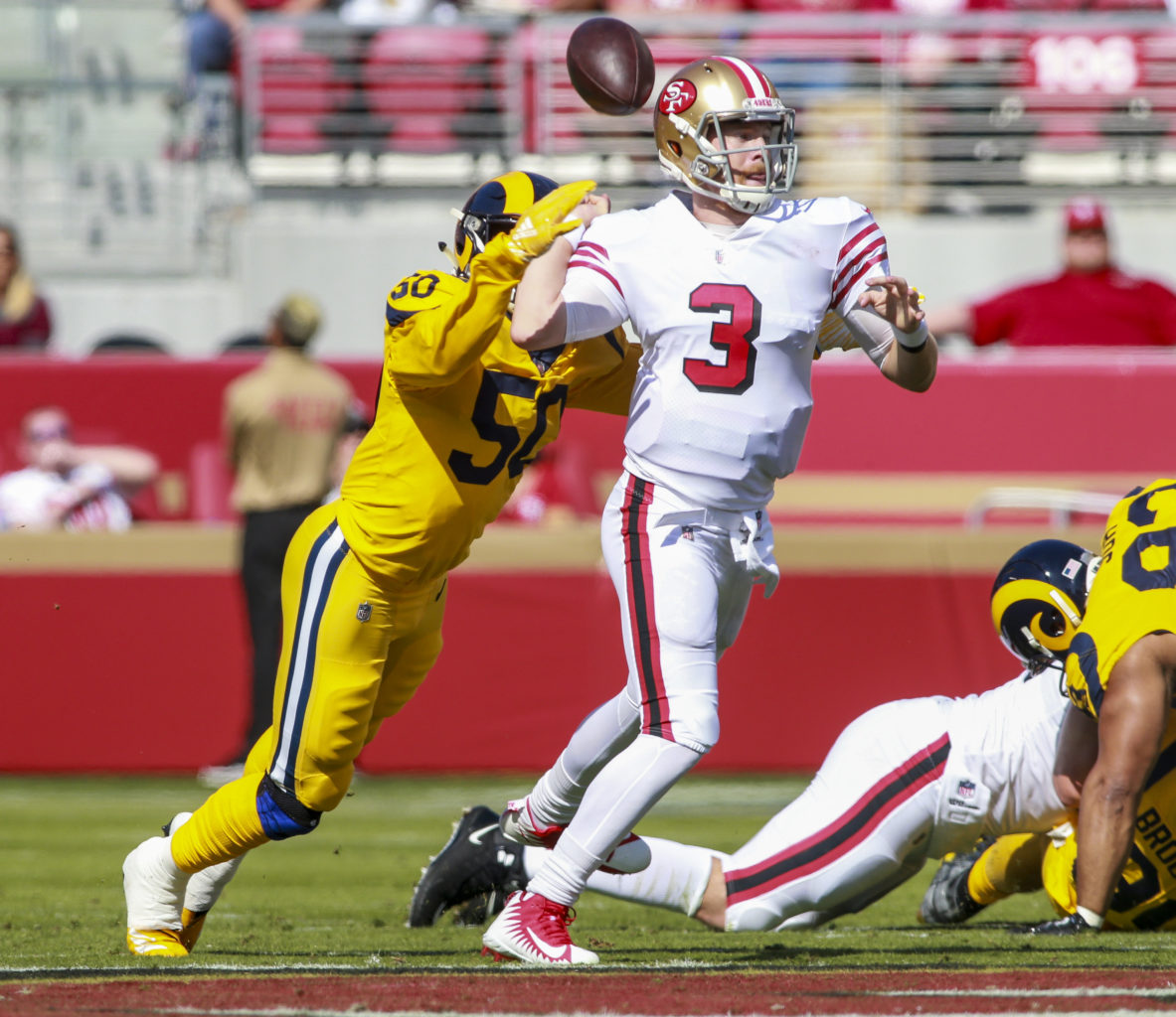 The  #49ers wore these throwbacks only once in 2018, a home game against the  #LARams. The game was originally scheduled for  #SNF but because of SF's abysmal record at the time (1-5), the game got flexed to a day game. The Niners would lose 39-10.Continue thread.