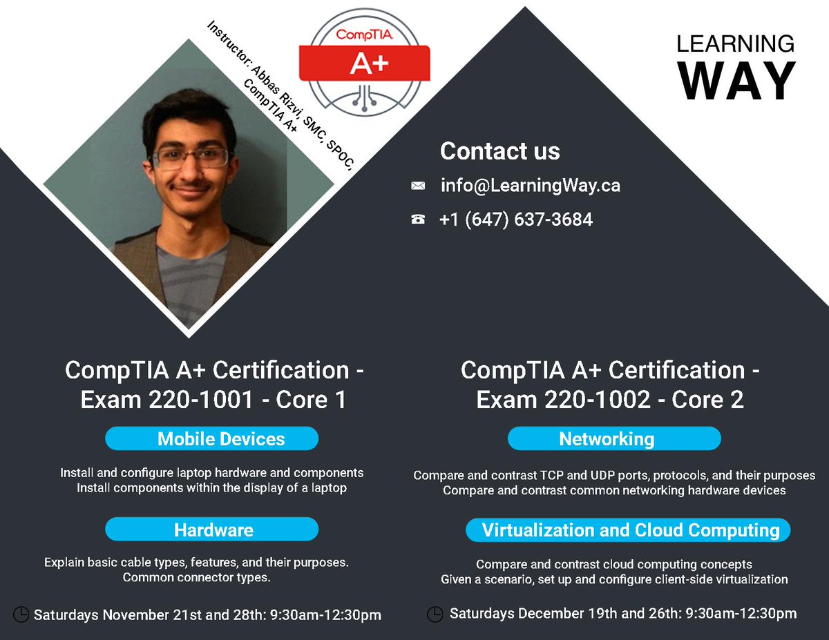 TheExamPrep's tweet photo. Turbocharge your career with CompTIA A+ Certification. 

Convenient weekend schedule; live online lectures @LearningWay2 

#comptia #aplus #Learningway #abbasrizvi #careerdevelopment https://t.co/90N8d0kxAi