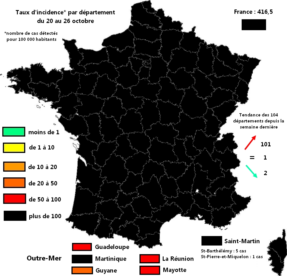 Félicitations au gouvernement pour son grand chelem ! Par sa nullité stupéfiante, l'exécutif est parvenu à noircir toute la France métropolitaine en 15 semaines. Nous pouvons à présent lui décerner le label IOC (Incompétence d'Origine Contrôlée).[Dépistage ×4 depuis juillet.]