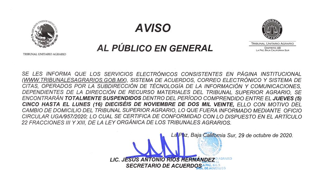 Para conocimiento general.
Por cambio de domicilio del Tribunal Superior Agrario #TSA estarán suspendidos diversos servicios.
Aquí la información
<a href="/TAgrarios/">Tribunales Agrarios</a>