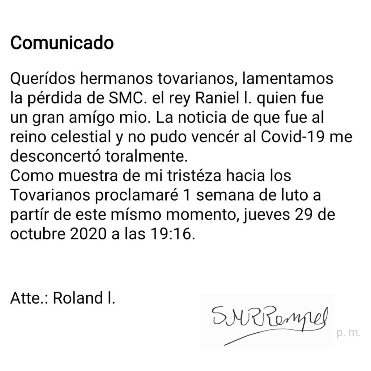 SM. emitió un comunicado debído a la muerte del rey Raniel primero de @Reinotovariano