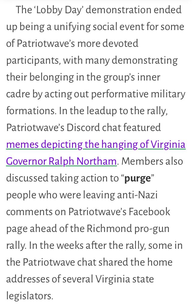 PatriotWave first popped onto the national media radar after their flashy appearance at a January 20, 2020 ‘Lobby Day’ rally in Richmond, Virginia. Their chats around the rally included memes about executing Governor  @RalphNortham; they also doxxed Virginia state legislators.