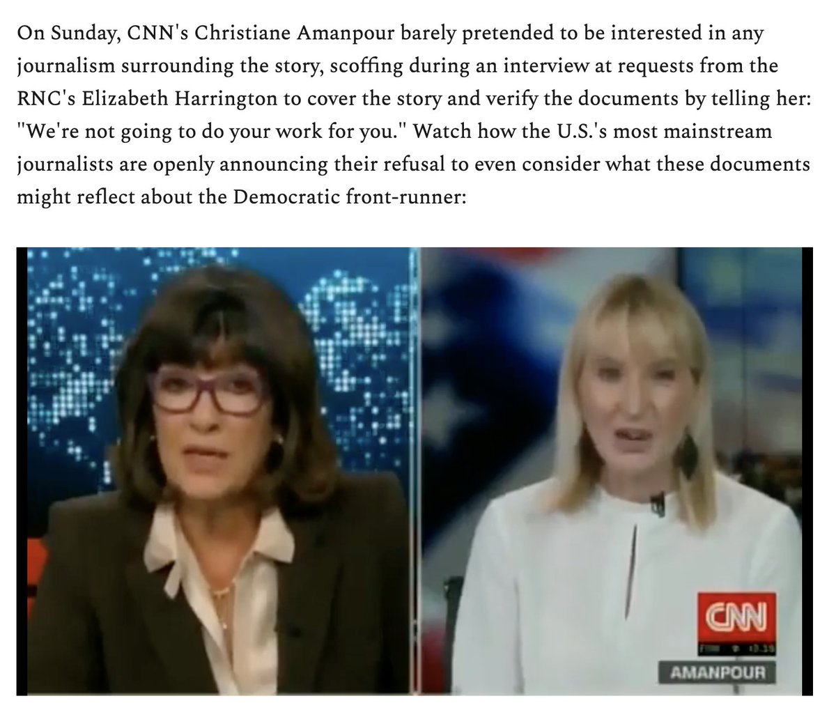 Glenn misstates what goes on in this interview. Amanpour corrects that RNC hack's misrepresentation of what the FBI said (which Glenn did, above) and says there's no evidence of corruption. Amanpour makes it clear she HAS done journalism. Glenn just doesn't like what it says.