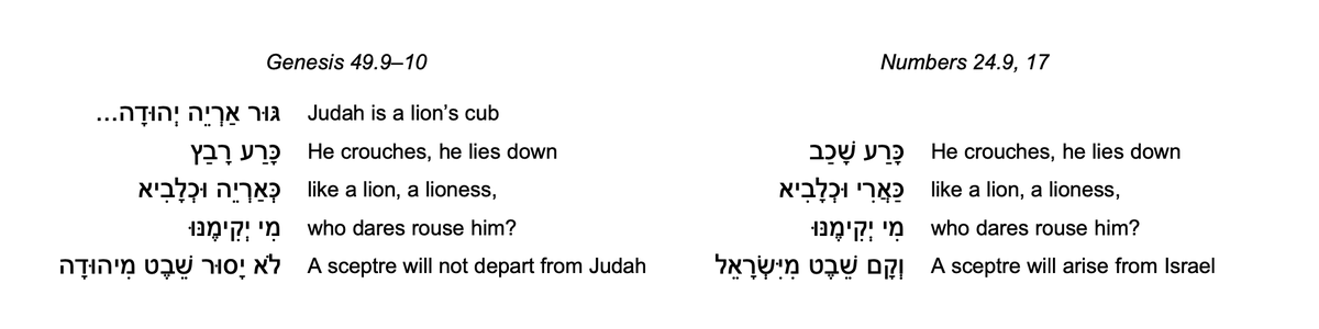 As such, Balaam’s prophecy picks up the thread of Genesis 49.9–10’s prophecy,where the divinely-blessed Jacob blesses his son Judah and speaks about a lion-like king who will arise from his line.Indeed, the similarities between Balaam and Jacob’s words are pronounced: