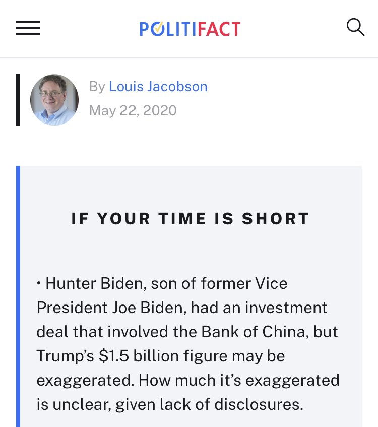 5. “No one” made money in ChinaThis was a doozy. Biden alleged that no one had profited off of China when Trump brought up allegations of impropriety in the Biden family.Hunter Biden was paid up to $1.5 BILLION by China leveraging his family named, even Politifact recognizes.