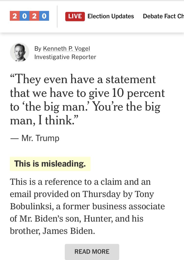 6. Joe Biden “the big man”Claim: Joe Biden is “the big man” mentioned in emails who earned a 10% cut in Hunter‘s business dealings.Check: misleadingTruth: Bobulinski is on the record saying that he is. While time will (hopefully) tell if that’s true, that detail is omitted.