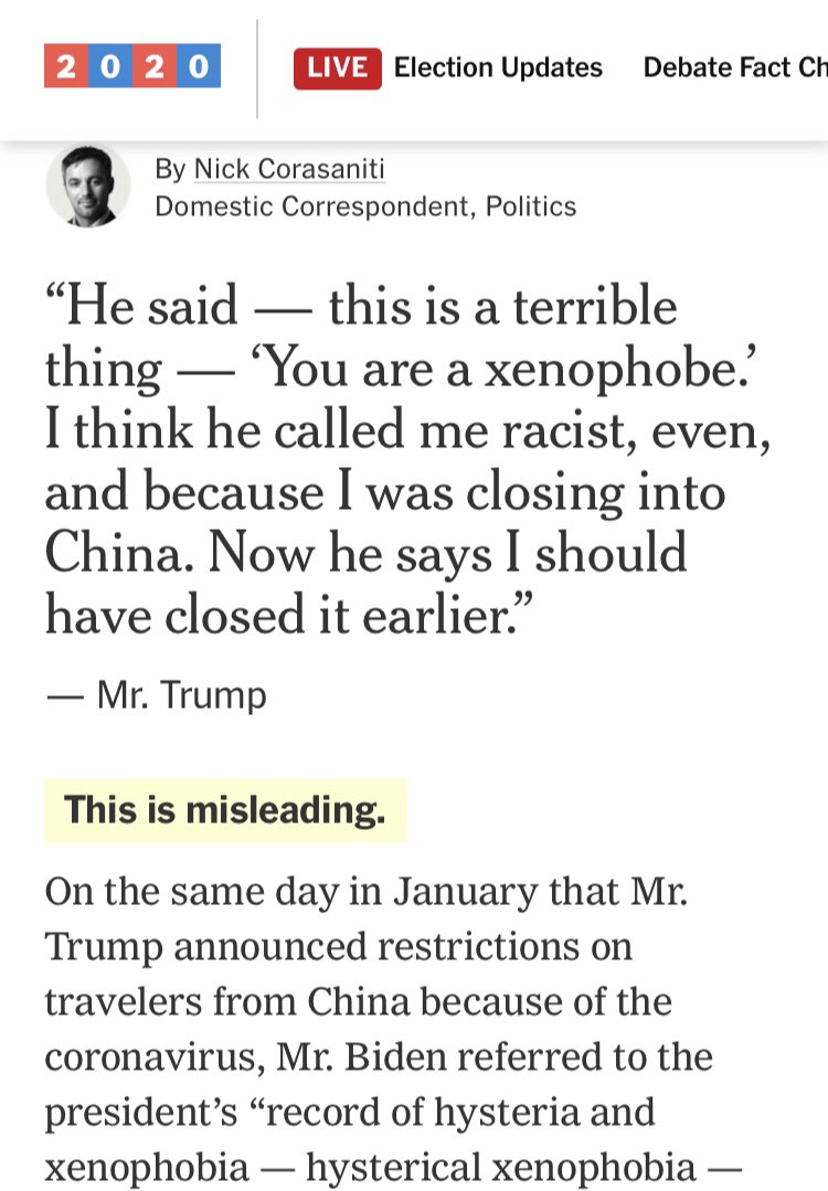 8. Biden’s xenophobia commentI’m running out of space so I wanted to close with this because it’s so egregious.  @nytimes claims it’s “misleading” for Trump to say that Biden called his travel ban xenophobic.Biden quote-tweeted the announcement! How else can you read this!?