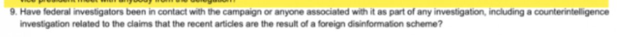 Question 9, another one he doesn't repeat, is whether the FBI has been in touch abt a CI investigation. Glenn has not mentioned at all that there's far more evidence that RUDY and Bannon are being investigated here, not Biden. REALLY sleazy work.