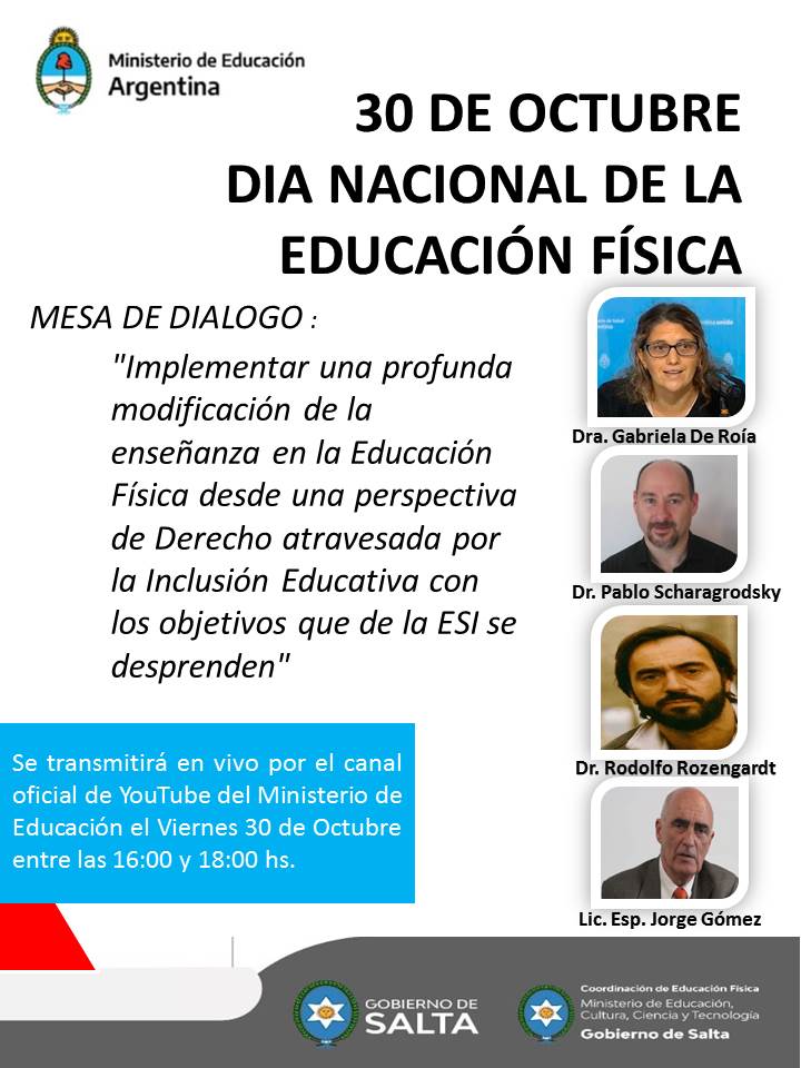 Mesa de Diálogo "Implementar una profunda modificación de la enseñanza en la Educación Física desde una perspectiva de Derecho atravesada por la Inclusión Educativa con los objetivos que de la ESI se desprenden".
Viernes 30 de octubre transmitido por 👉 bit.ly/3e9G5un