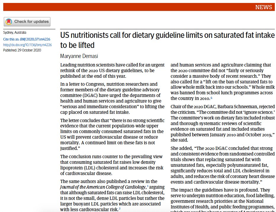 My article just out in BMJ:
Former member of US Dietary Guidelines committee calls for limits on saturated fat intake to be lifted. "We don’t have unanimity on saturated fat; a closer look is needed,” he said. bmj.com/content/371/bm…