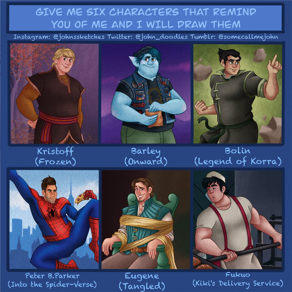 joglis_illust's tweet photo. Here’s the #6fanarts I promised you last month. I can’t believe this took me one month. #frozen #frozen2 #kristoff #onward #BarleyLightfoot #legendofkorra #lok #bolin #SpiderVerse #peterbparker #Spiderman #tangled #flynnrider #eugenefitzherbert #kikisDeliveryService #fukuo https://t.co/I7KvxkxC4y
