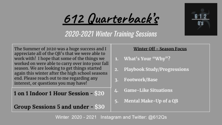 Summer 2020 was a great success, thanks to all of the QBs we were able to work with! 

Looking ahead: The winter is the time to separate yourself as a Quarterback! Please reach out with any questions you may have. 

Until then, good luck with the rest of your seasons! #612Qs