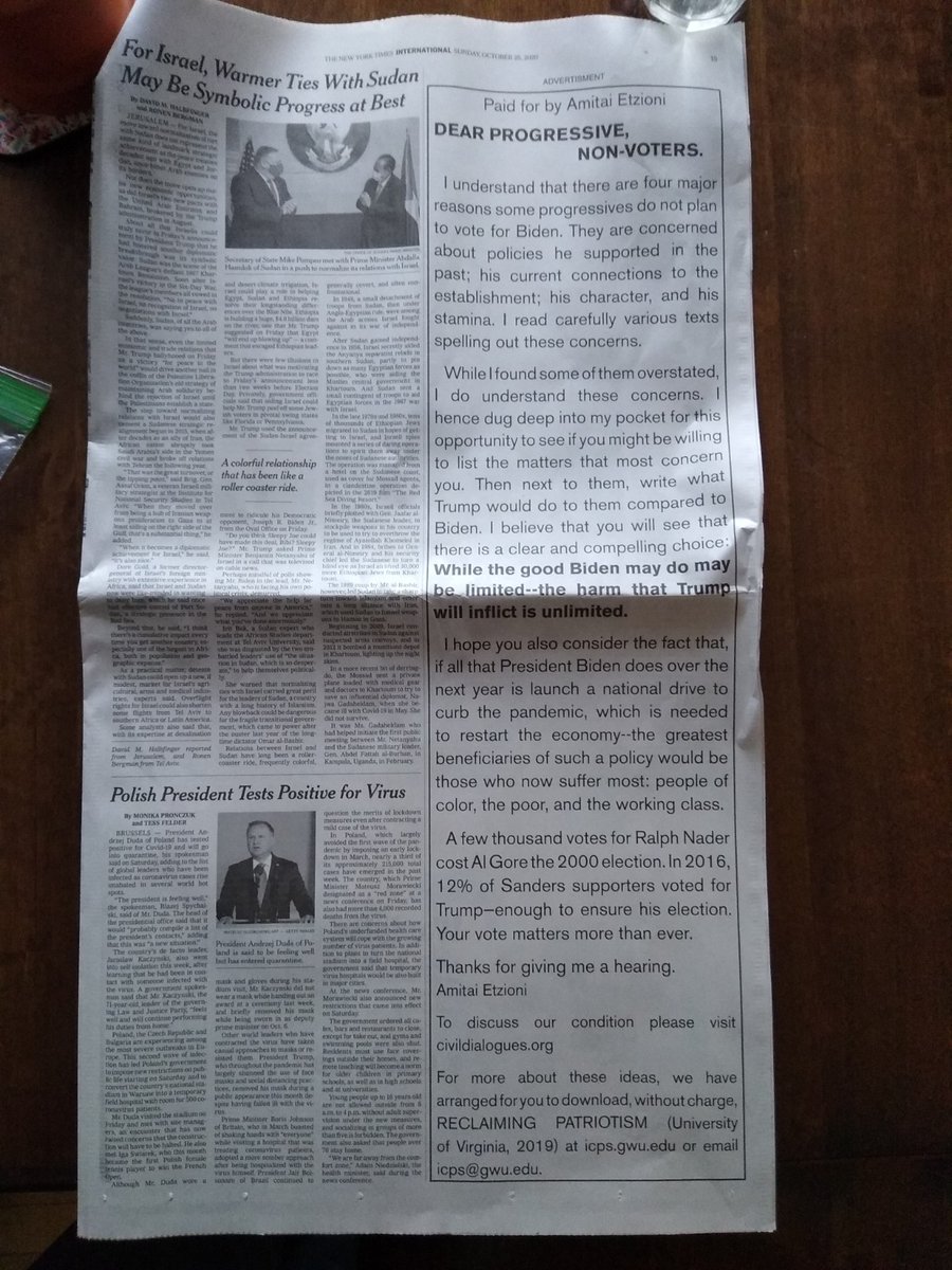 20. Amitai Etzioni, the famed communitarian philosopher, took out an half-page ad in Sunday’s Times to plead with “progressive non-voters” to vote for Biden, not Trump or a third-party. “A few thousand votes for Ralph Nader cost Al Gore the 2000 election,” Etzioni wrote.